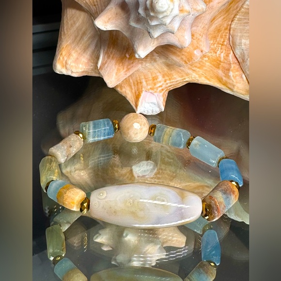 LEMURIAN AQUATINE BARRELS + MUSHROOM JASPER NATURAL STONES BRACELET size 7” - Picture 3 of 12